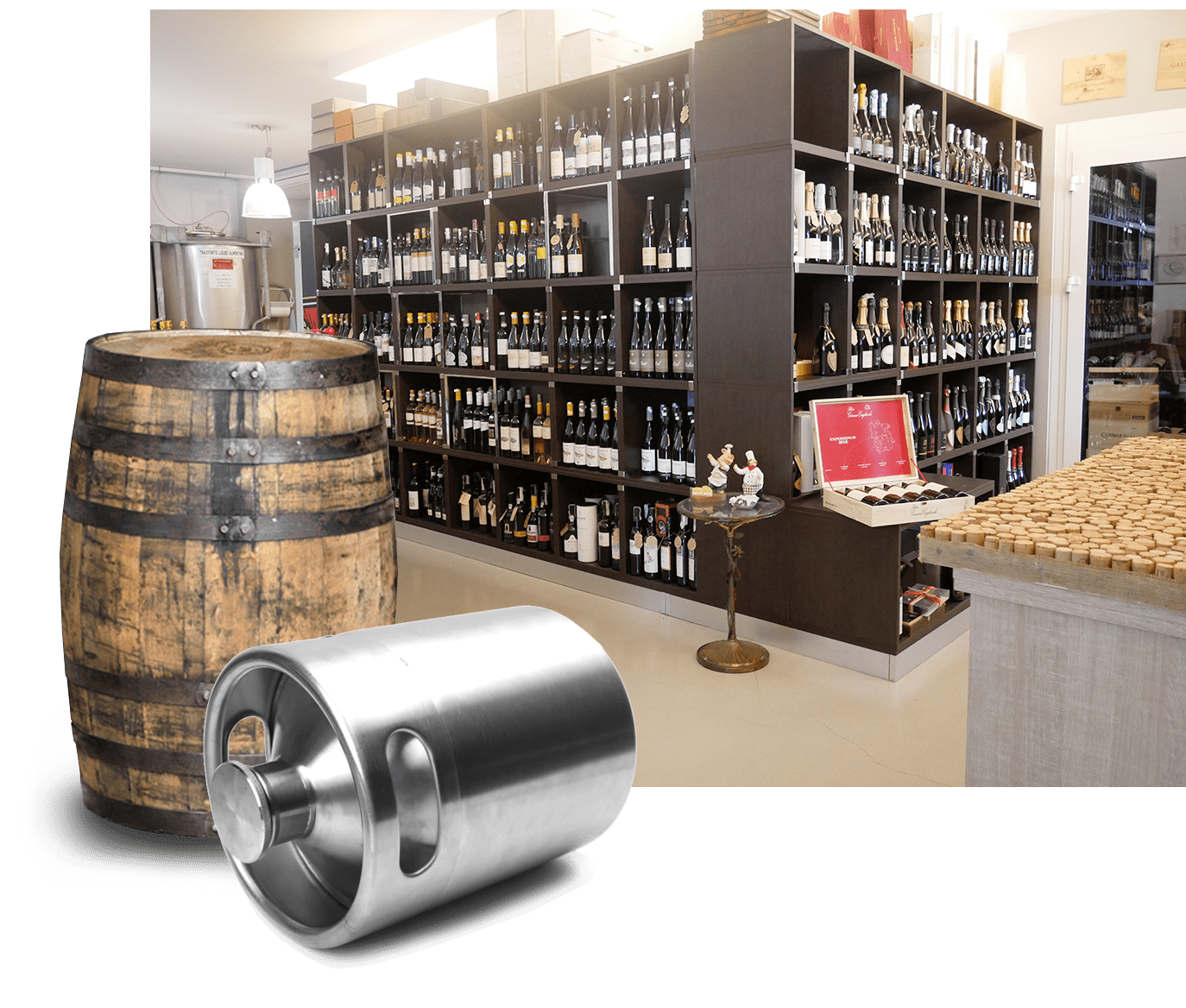 Negozio e fusti generici Scaffali con bottiglie di vino e fusti
